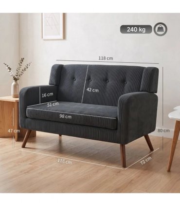 HOMCOM 2 Seater Sofa, 118 cm Corduroy Small Loveseat with Spring Cushion, Wood Legs for Small Space, Living Room, Dark Grey