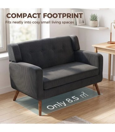 HOMCOM 2 Seater Sofa, 118 cm Corduroy Small Loveseat with Spring Cushion, Wood Legs for Small Space, Living Room, Dark Grey