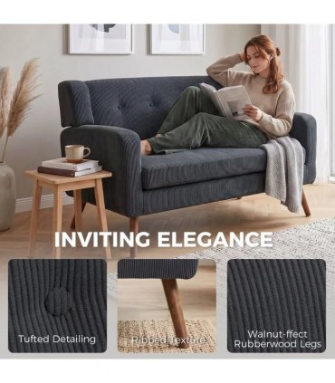 HOMCOM 2 Seater Sofa, 118 cm Corduroy Small Loveseat with Spring Cushion, Wood Legs for Small Space, Living Room, Dark Grey