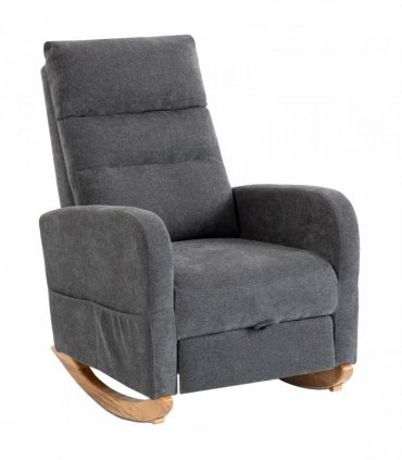 HOMCOM Upholstered Rocking Chair Retractable Footrest Rocker Chair High Back for Living Room Grey