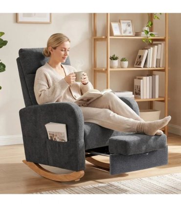 HOMCOM Upholstered Rocking Chair Retractable Footrest Rocker Chair High Back for Living Room Grey
