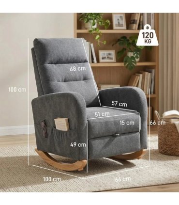 HOMCOM Upholstered Rocking Chair Retractable Footrest Rocker Chair High Back for Living Room Grey