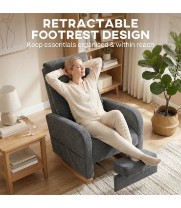 HOMCOM Upholstered Rocking Chair Retractable Footrest Rocker Chair High Back for Living Room Grey