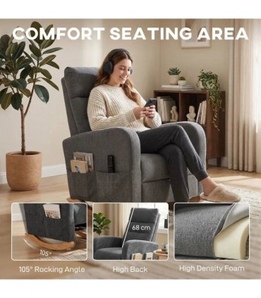 HOMCOM Upholstered Rocking Chair Retractable Footrest Rocker Chair High Back for Living Room Grey
