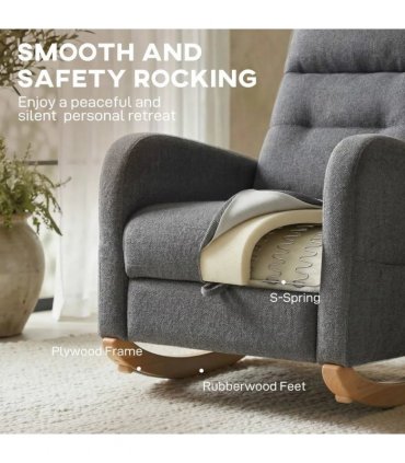 HOMCOM Upholstered Rocking Chair Retractable Footrest Rocker Chair High Back for Living Room Grey