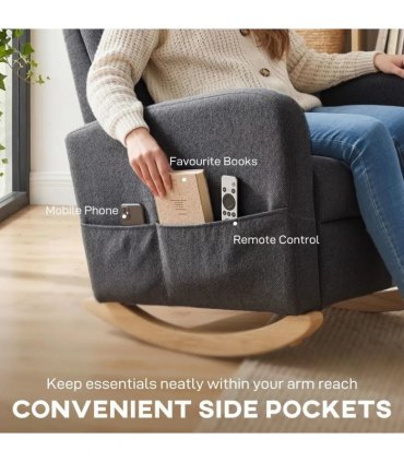 HOMCOM Upholstered Rocking Chair Retractable Footrest Rocker Chair High Back for Living Room Grey