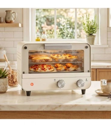 HOMCOM Mini Oven, Small Toaster Oven with Glass Door, Adjustable Temperature and Timer, Accessory Included, 750W, Cream White