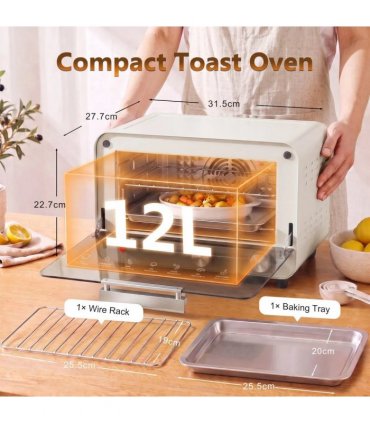 HOMCOM Mini Oven, Small Toaster Oven with Glass Door, Adjustable Temperature and Timer, Accessory Included, 750W, Cream White