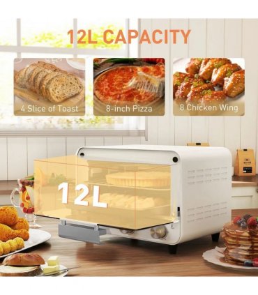 HOMCOM Mini Oven, Small Toaster Oven with Glass Door, Adjustable Temperature and Timer, Accessory Included, 750W, Cream White
