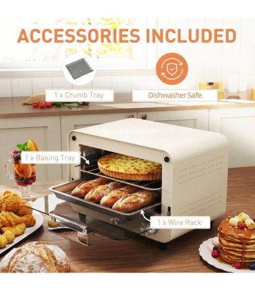 HOMCOM Mini Oven, Small Toaster Oven with Glass Door, Adjustable Temperature and Timer, Accessory Included, 750W, Cream White