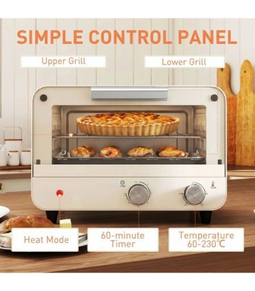 HOMCOM Mini Oven, Small Toaster Oven with Glass Door, Adjustable Temperature and Timer, Accessory Included, 750W, Cream White