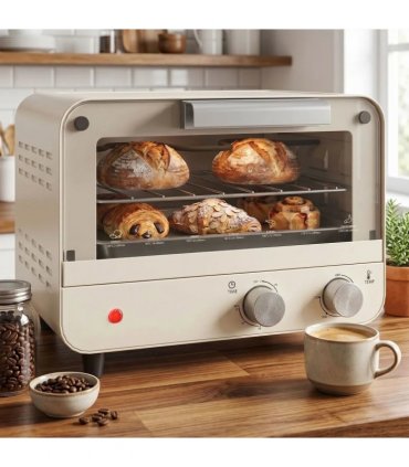 HOMCOM Mini Oven, Small Toaster Oven with Glass Door, Adjustable Temperature and Timer, Accessory Included, 750W, Cream White