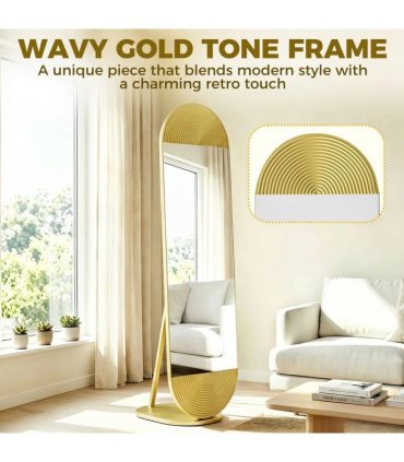 HOMCOM 50 x 161 cm Wavy Full Length Mirror, Free Standing Mirror with Metal Frame and Solid Base, Gold Tone