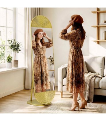HOMCOM 50 x 161 cm Wavy Full Length Mirror, Free Standing Mirror with Metal Frame and Solid Base, Gold Tone