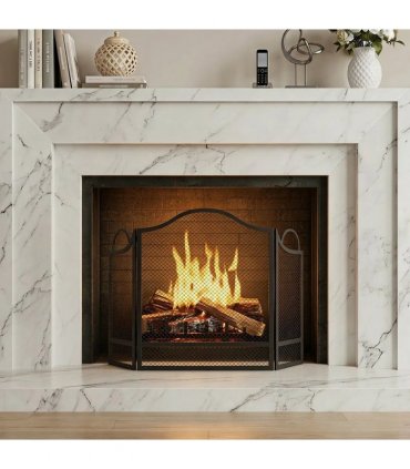 HOMCOM Floral 3-Panel Folding Fireplace Screen for Hearth Protection, Heat-Resistant Metal Fire Spark Guard, Black