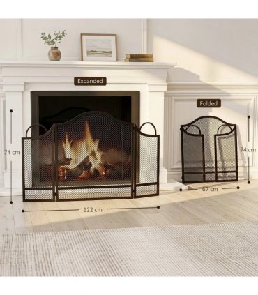 HOMCOM Floral 3-Panel Folding Fireplace Screen for Hearth Protection, Heat-Resistant Metal Fire Spark Guard, Black