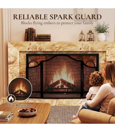 HOMCOM Floral 3-Panel Folding Fireplace Screen for Hearth Protection, Heat-Resistant Metal Fire Spark Guard, Black