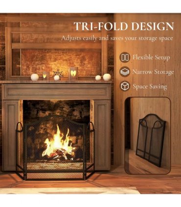HOMCOM Floral 3-Panel Folding Fireplace Screen for Hearth Protection, Heat-Resistant Metal Fire Spark Guard, Black