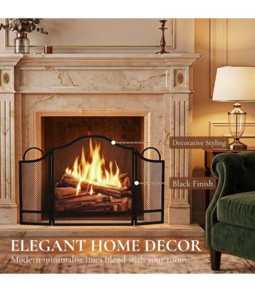 HOMCOM Floral 3-Panel Folding Fireplace Screen for Hearth Protection, Heat-Resistant Metal Fire Spark Guard, Black