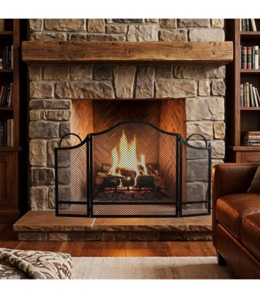 HOMCOM Floral 3-Panel Folding Fireplace Screen for Hearth Protection, Heat-Resistant Metal Fire Spark Guard, Black