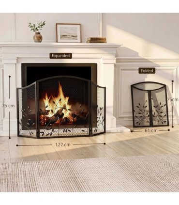HOMCOM 3-Panel Folding Fireplace Screen for Hearth Protection, Heat-Resistant Metal Fire Spark Guard, Black