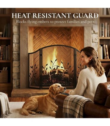 HOMCOM 3-Panel Folding Fireplace Screen for Hearth Protection, Heat-Resistant Metal Fire Spark Guard, Black