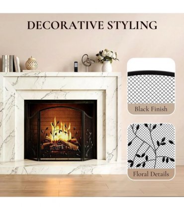 HOMCOM 3-Panel Folding Fireplace Screen for Hearth Protection, Heat-Resistant Metal Fire Spark Guard, Black