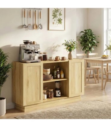 HOMCOM Sideboard Buffet Cabinet, 133 cm Storage Cabinet with 2 Open Shelves, 2 Cupboards and Soft Close Doors, Natural