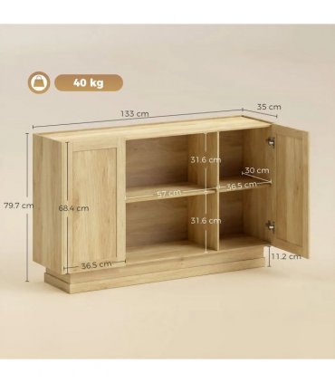 HOMCOM Sideboard Buffet Cabinet, 133 cm Storage Cabinet with 2 Open Shelves, 2 Cupboards and Soft Close Doors, Natural