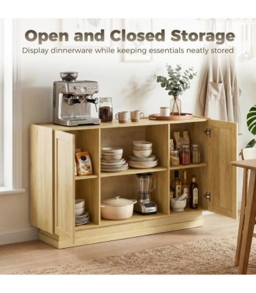 HOMCOM Sideboard Buffet Cabinet, 133 cm Storage Cabinet with 2 Open Shelves, 2 Cupboards and Soft Close Doors, Natural