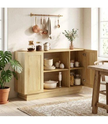 HOMCOM Sideboard Buffet Cabinet, 133 cm Storage Cabinet with 2 Open Shelves, 2 Cupboards and Soft Close Doors, Natural