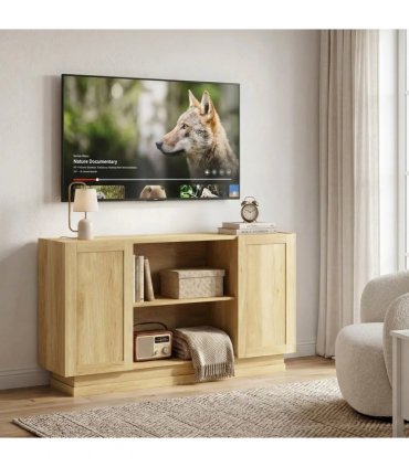 HOMCOM Sideboard Buffet Cabinet, 133 cm Storage Cabinet with 2 Open Shelves, 2 Cupboards and Soft Close Doors, Natural