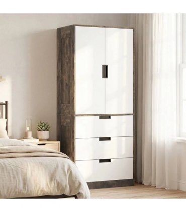 HOMCOM Modern Clothes Storage Cupboard Unit, 3 Drawer 2 Door Wardrobe with Hanging Rod, Rustic Brown