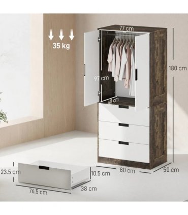 HOMCOM Modern Clothes Storage Cupboard Unit, 3 Drawer 2 Door Wardrobe with Hanging Rod, Rustic Brown