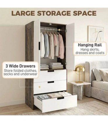 HOMCOM Modern Clothes Storage Cupboard Unit, 3 Drawer 2 Door Wardrobe with Hanging Rod, Rustic Brown
