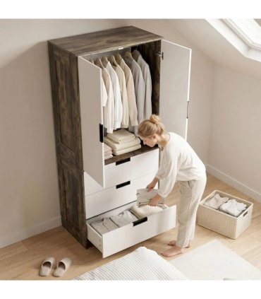 HOMCOM Modern Clothes Storage Cupboard Unit, 3 Drawer 2 Door Wardrobe with Hanging Rod, Rustic Brown