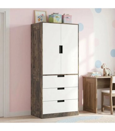 HOMCOM Modern Clothes Storage Cupboard Unit, 3 Drawer 2 Door Wardrobe with Hanging Rod, Rustic Brown