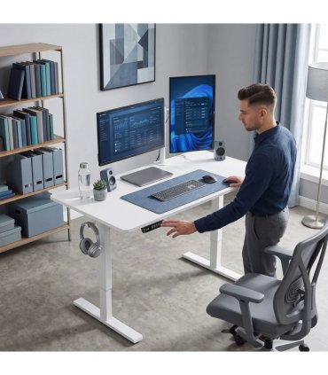 HOMCOM Standing Desk Memory Control Height Adjustable Desk 2 Cable Holes LED Display Sit Stand Desk White