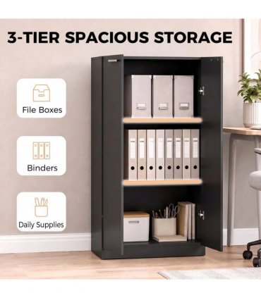 HOMCOM 120 cm Tall Storage Cabinet Cupboard, 3-Tier File Organiser Wooden Filing Cabinet, Black