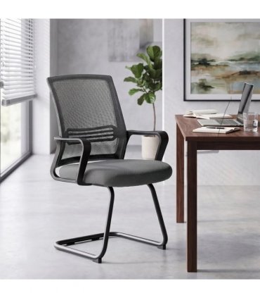 HOMCOM Padded Meeting Office Chair, Ergonomic Desk Chair No Wheels with Sled Base for Bedroom, Waiting, Reception, Dark Grey