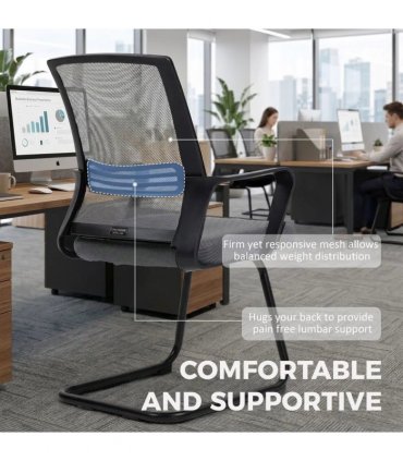 HOMCOM Padded Meeting Office Chair, Ergonomic Desk Chair No Wheels with Sled Base for Bedroom, Waiting, Reception, Dark Grey