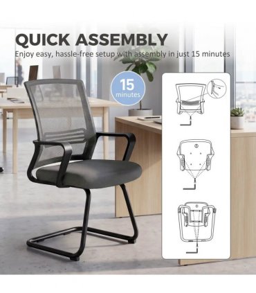 HOMCOM Padded Meeting Office Chair, Ergonomic Desk Chair No Wheels with Sled Base for Bedroom, Waiting, Reception, Dark Grey