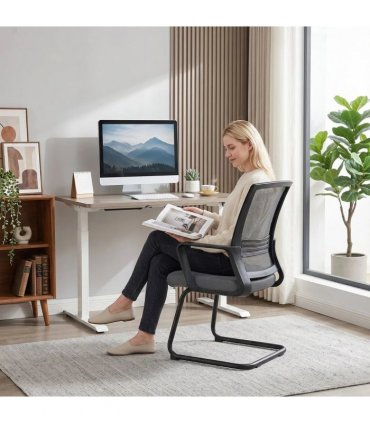 HOMCOM Padded Meeting Office Chair, Ergonomic Desk Chair No Wheels with Sled Base for Bedroom, Waiting, Reception, Dark Grey