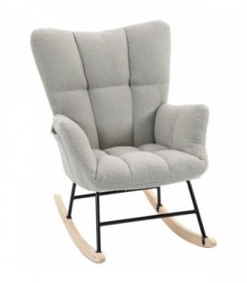 HOMCOM Rocking Chair, Teddy Fleece Rocker Chair with Tufted Wingback, Side Pockets, Rubber Wood Legs, Light Grey
