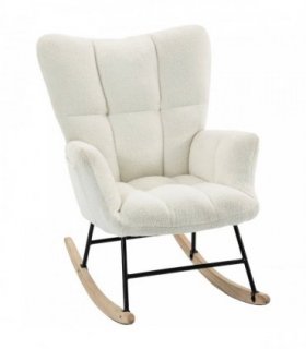 HOMCOM Rocking Chair, Teddy Fleece Rocker Chair with Tufted Wingback, Side Pockets, Rubber Wood Legs, Cream White