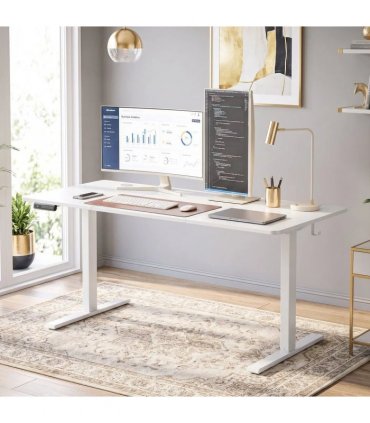 HOMCOM Standing Desk Memory Control Height Adjustable Desk 2 Cable Holes LED Display Sit Stand Desk White
