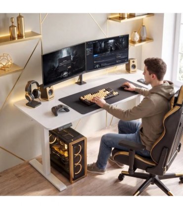 HOMCOM Standing Desk Memory Control Height Adjustable Desk 2 Cable Holes LED Display Sit Stand Desk White