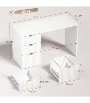 HOMCOM Computer Desk with 3 Drawers Reversible Home Office Desk 120 cm, White