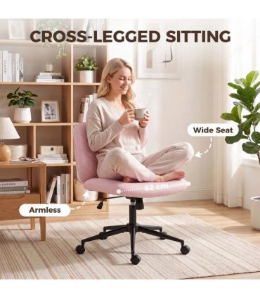 HOMCOM Home Office Desk Chair Height Adjustable Swivel Chair Cross Legged Wide Seat Swivel Wheels Pink