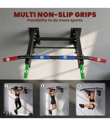 SPORTNOW Pull Up Bar Wall Mounted Chin Up Bar with Folding Design, 3 Hooks for Resistance Bands, Supports up to 120 kg, Black